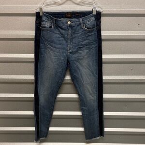 Jen 7 Straight Crop Striped High Rise Stretch Denim Jean Casual Comfort Raw Hem‎